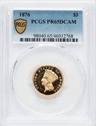 1876 $3 DC PCGS Secure Proof Three Dollar Gold Pieces PCGS PR65