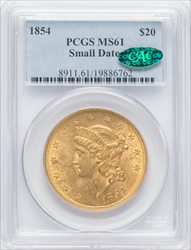 1854 $20 Small Date CAC Liberty Double Eagles PCGS MS61