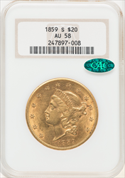 1859-S $20 CAC Liberty Double Eagles NGC AU58