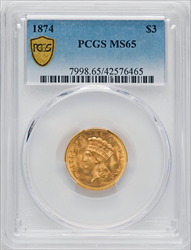 1874 $3 PCGS Secure Three Dollar Gold Pieces PCGS MS65