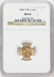 1854 G$1 Type Two Gold Dollars NGC MS62