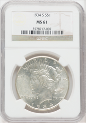 1934-S S$1 Peace Dollars NGC MS61