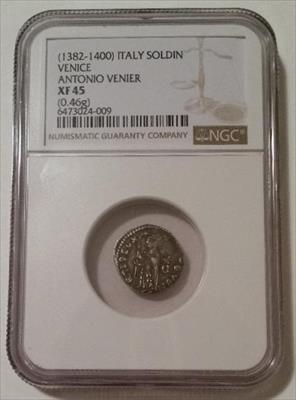 Italy Venice Antonio Venier (1382-1400) Silver Soldino  XF45 NGC