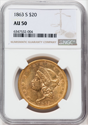 1863-S $20 Liberty Double Eagles NGC AU50