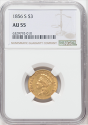 1856-S $3 Three Dollar Gold Pieces NGC AU55