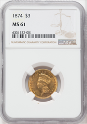 1874 $3 Three Dollar Gold Pieces NGC MS61