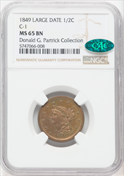 1849 1/2 C BN MS CAC Half Cents NGC MS65