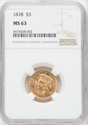1878 $3 Three Dollar Gold Pieces NGC MS63