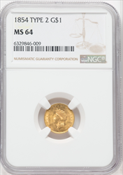 1854 G$1 Type Two Gold Dollars NGC MS64