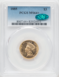 1885 $3 CAC PCGS Plus Three Dollar Gold Pieces PCGS MS64+
