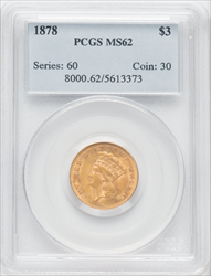 1878 $3 Three Dollar Gold Pieces PCGS MS62