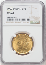1907 $10 No Motto Indian Eagles NGC MS64