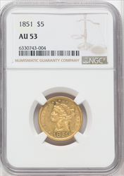 1851 $5 Liberty Half Eagles NGC AU53