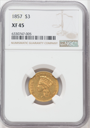 1857 $3 Three Dollar Gold Pieces NGC XF45
