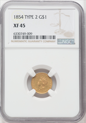 1854 G$1 Type Two Gold Dollars NGC XF45