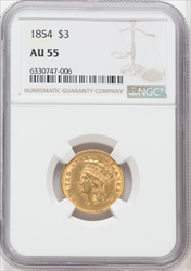 1854 $3 Three Dollar Gold Pieces NGC AU55