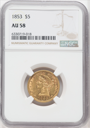 1853 $5 Liberty Half Eagles NGC AU58