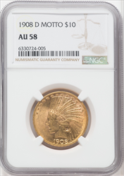 1908-D $10 MOTTO Indian Eagles NGC AU58