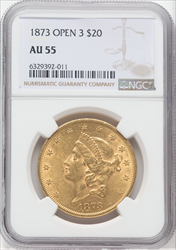 1873 $20 OPEN 3 Liberty Double Eagles NGC AU55