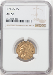 1913-S $5 Indian Half Eagles NGC AU50