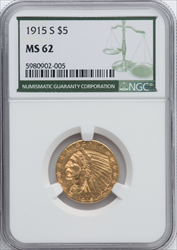 1915-S $5 Indian Half Eagles NGC MS62