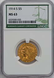 1914-S $5 Indian Half Eagles NGC MS63