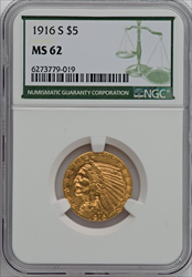1916-S $5 Indian Half Eagles NGC MS62