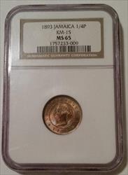 Jamaica Victoria 1893 1/4 Penny Farthing KM-15 MS65 NGC 