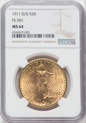 1911-D/D $20 RPM FS-501 Saint-Gaudens Double Eagles NGC MS64