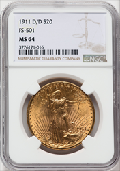 1911-D/D $20 RPM FS-501 Saint-Gaudens Double Eagles NGC MS64