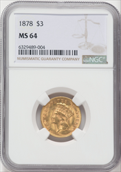 1878 $3 Three Dollar Gold Pieces NGC MS64