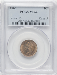 1863 1C Indian Cents PCGS MS64