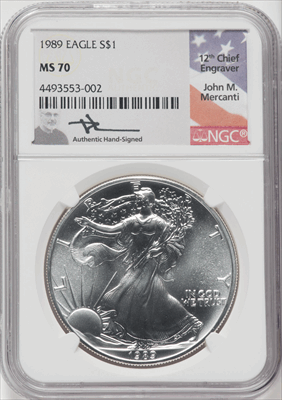1989 S$1 Silver Eagle Mercanti Signature MS Modern Bullion Coins NGC MS70
