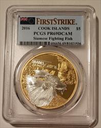 Cook Islands 2016 Silver $5 Siamese Fighting Fish Gilt Proof PR69 DCAM PCGS FS Low Mintage