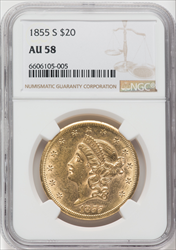 1855-S $20 Liberty Double Eagles NGC AU58