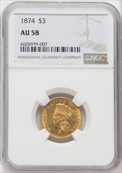 1874 $3 Three Dollar Gold Pieces NGC AU58
