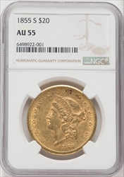 1855-S $20 Liberty Double Eagles NGC AU55