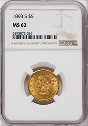 1893-S $5 Liberty Half Eagles NGC MS62