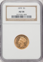 1870 $3 Three Dollar Gold Pieces NGC AU58