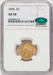 1858 $3 CAC Three Dollar Gold Pieces NGC AU58