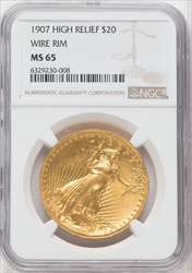 1907 $20 High Relief Wire Rim High Relief Double Eagles NGC MS65
