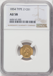 1854 G$1 Type Two Gold Dollars NGC AU58