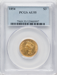 1854 $3 Three Dollar Gold Pieces PCGS AU55