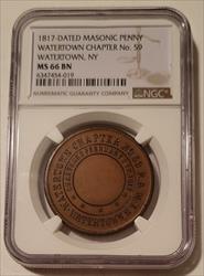 1817-Dated Masonic Penny Token Watertown NY  Chapter No 59 MS66 BN NGC