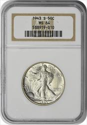 1943-S Walking Liberty Silver Half Dollar MS64 NGC