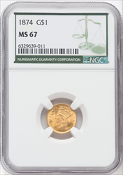1874 G$1 Gold Dollars NGC MS67