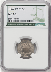 1867 5C RAYS Shield Nickels NGC MS66
