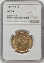 1861-S $10 Liberty Eagles NGC AU55