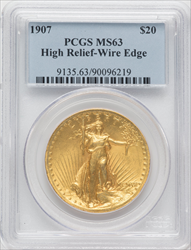 1907 $20 High Relief Wire Rim High Relief Double Eagles PCGS MS63