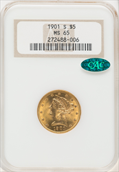 1901-S $5 CAC Liberty Half Eagles NGC MS65